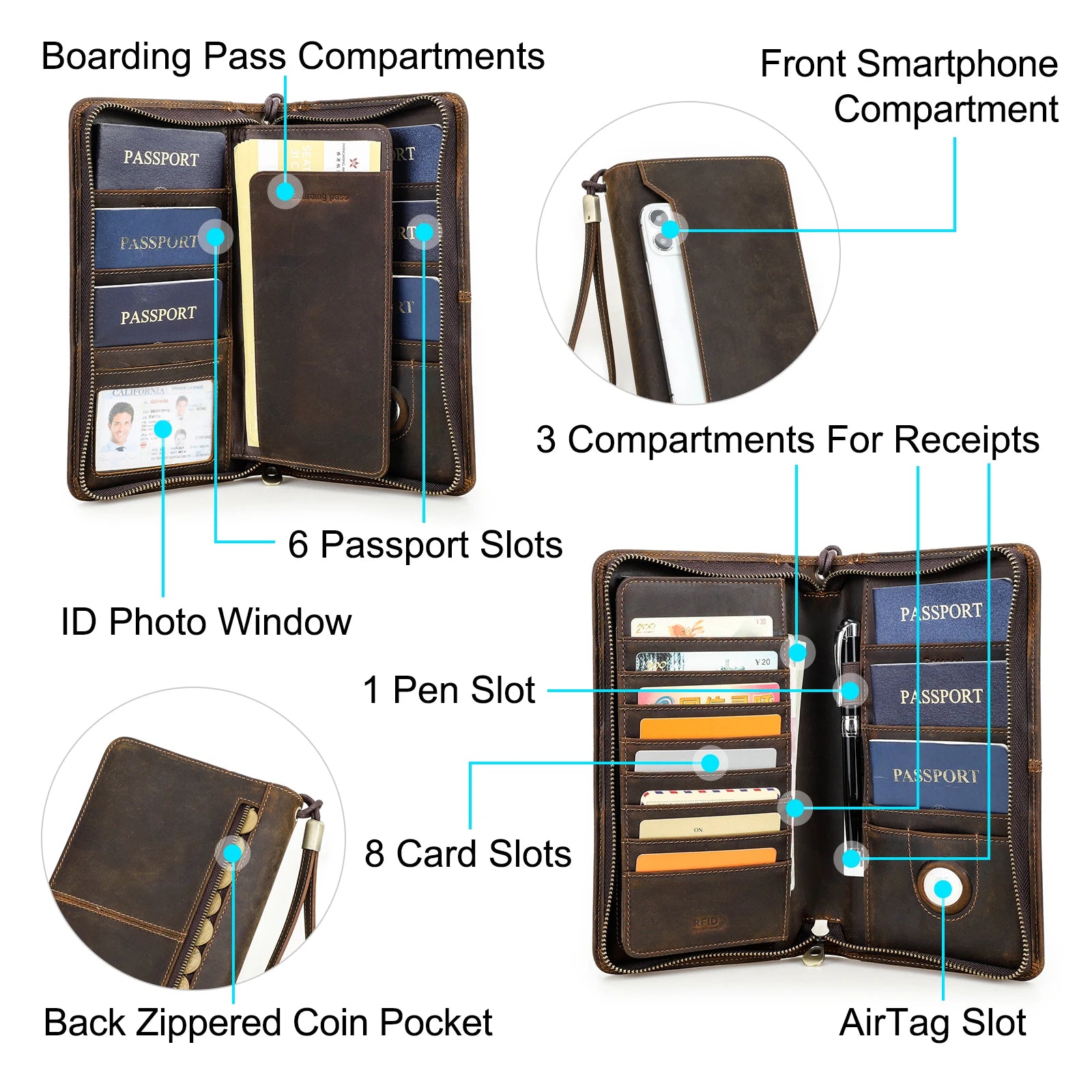 Family Travel Organizer with Passport & AirTag Slot