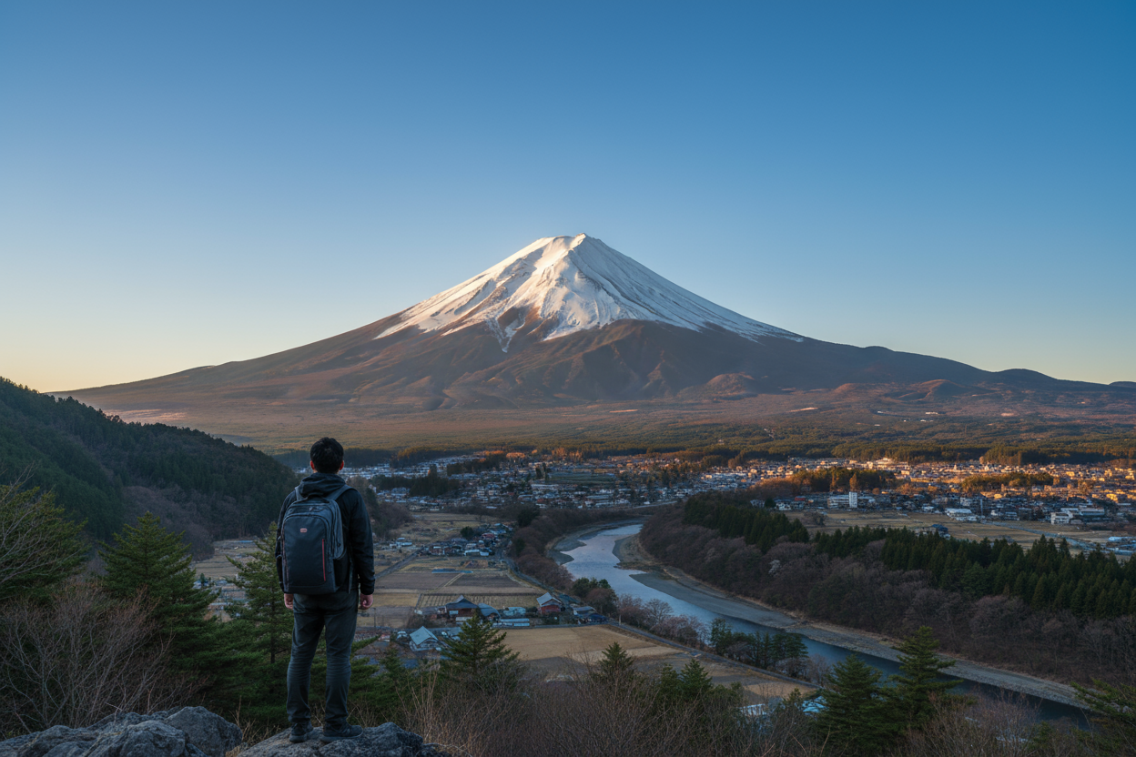 mt fuji with digital nomad standing infront but still small compared to it